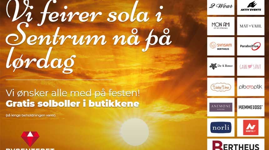 Vi feirer SOLA i Sentrum nå på lørdag – hjertelig velkommen! Vi feirer SOLA i Sentrum nå på lørdag – hjertelig velkommen!